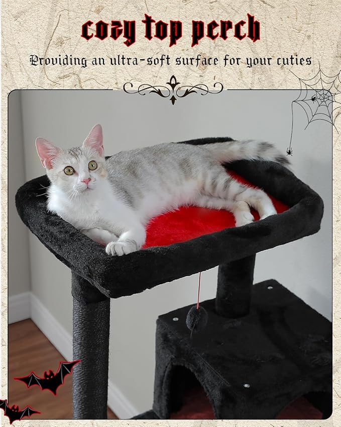 Gothic Cat Tree with Super Large Hammock, 56.3" Black Cat Tower with Coffin Bed, Cat Condo, Sisal Scratching Posts & Top Perch, Multi-Level Goth Cat Tree, Halloween, Black-PurrikoPets