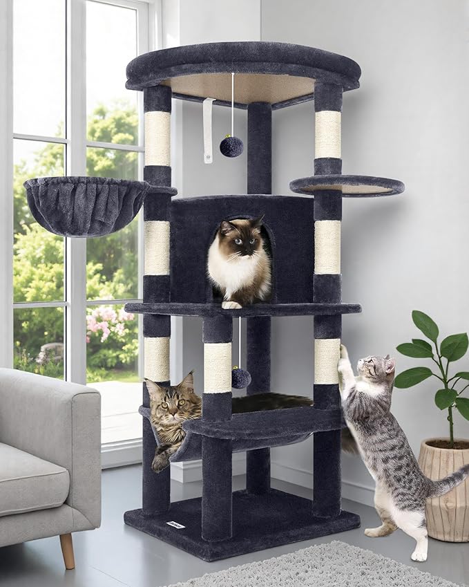 Globlazer Corner Cat Tree Tower for Indoor Cats, 51in Multi-Level Cat Condo Tower with Large Hammock, 7 Sisal Scratching Posts, Oversized Top Perch, Spacious Cat Cave, Hanging Basket, C51, Dark Grey-PurrikoPets