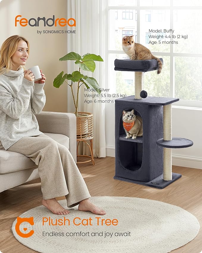 Feandrea Cat Tree Tower with 2 Caves for Multi-Cat Households, Kittens, Scratching Posts, Dark Gray UPCT005G02-PurrikoPets