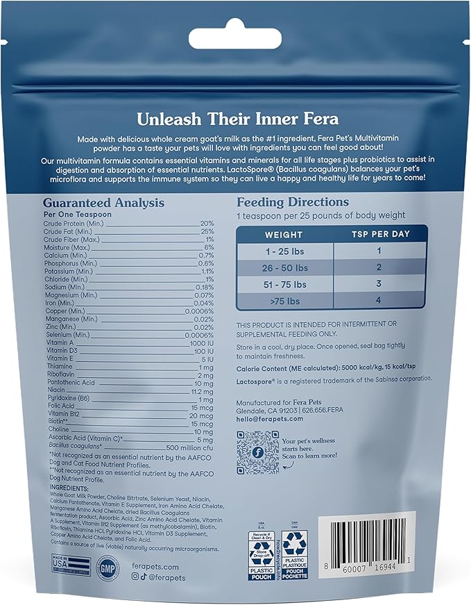 Fera Pets Goat Milk Topper - Multivitamin for Dogs & Cats with Probiotics - Supports Overall Health, Gut Health, and Immune System - for Picky Eaters - 60 TSP-PurrikoPets