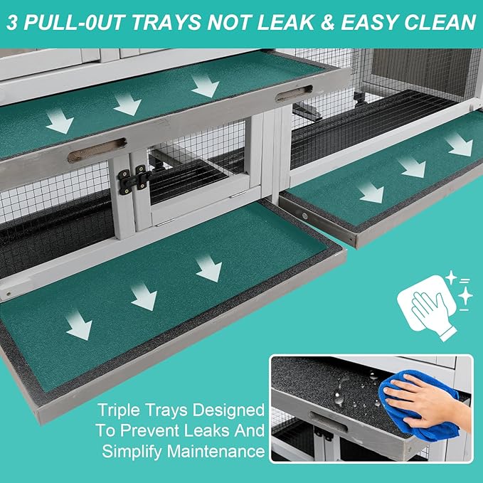 2-Tier Rabbit Hutch with Wheels, Indoor & Outdoor Small Animal Cage with Deep Pull-Out Tray, Anti-Chew Frame, Habitat for Bunny, Guinea Pig, Chinchilla (60" L x 19" W x 35" H)-PurrikoPets