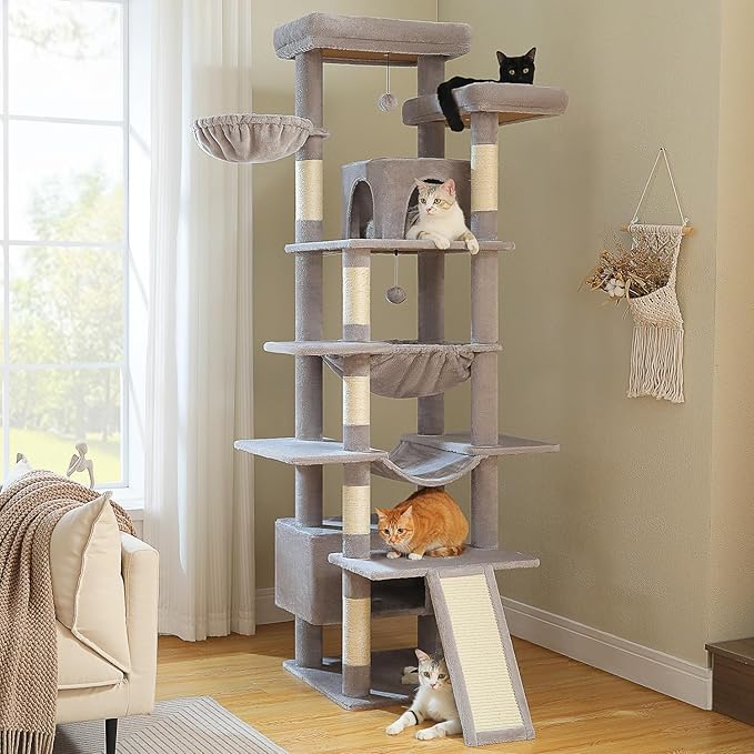81 Inches Tall Cat Tree for Indoor Cats Large Adult - Heavy Duty Multi-Level Cat Tower with Large Metal Frame Hammock, Scratching Pad, 2 Top Perches, 2 Cozy Condos & 6 Scratching Posts - Gray-PurrikoPets
