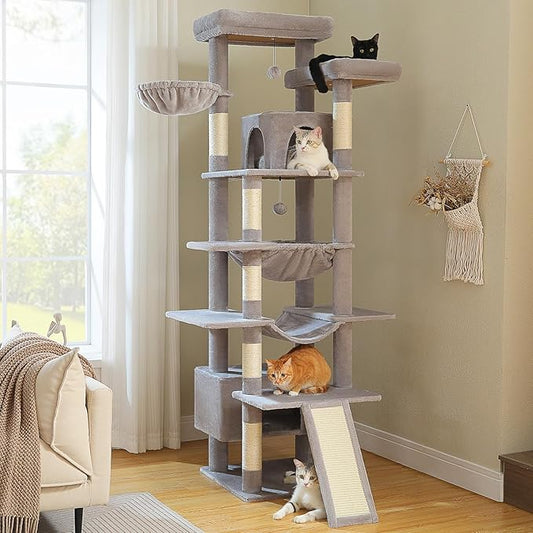 81 Inches Tall Cat Tree for Indoor Cats Large Adult - Heavy Duty Multi-Level Cat Tower with Large Metal Frame Hammock, Scratching Pad, 2 Top Perches, 2 Cozy Condos & 6 Scratching Posts - Gray-PurrikoPets