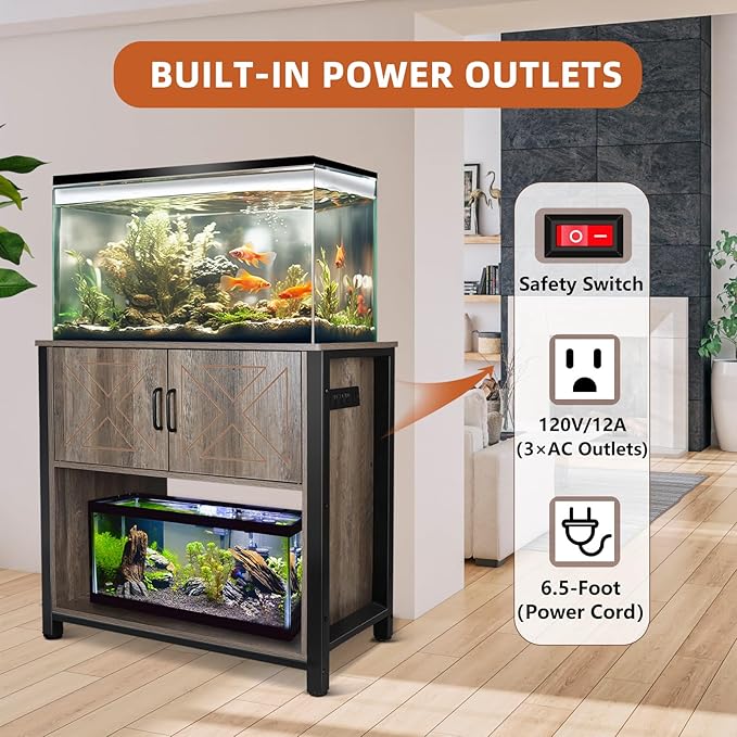 40 Gallon Aquarium Stand with Cabinet & Power Outlets, Heavy Duty Metal Stand for 40-50 Gallon Breeder & Turtle Tanks, Double Terrarium Stand, 660LBS Capacity, Grey-PurrikoPets