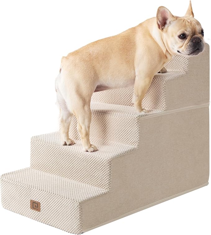 EHEYCIGA Dog Stairs for High Bed 22.5" H, 5-Step Dog Steps for Bed, Pet Steps for Small Dogs and Cats, Non-Slip Balanced Pet Ramp Indoor, Beige-PurrikoPets