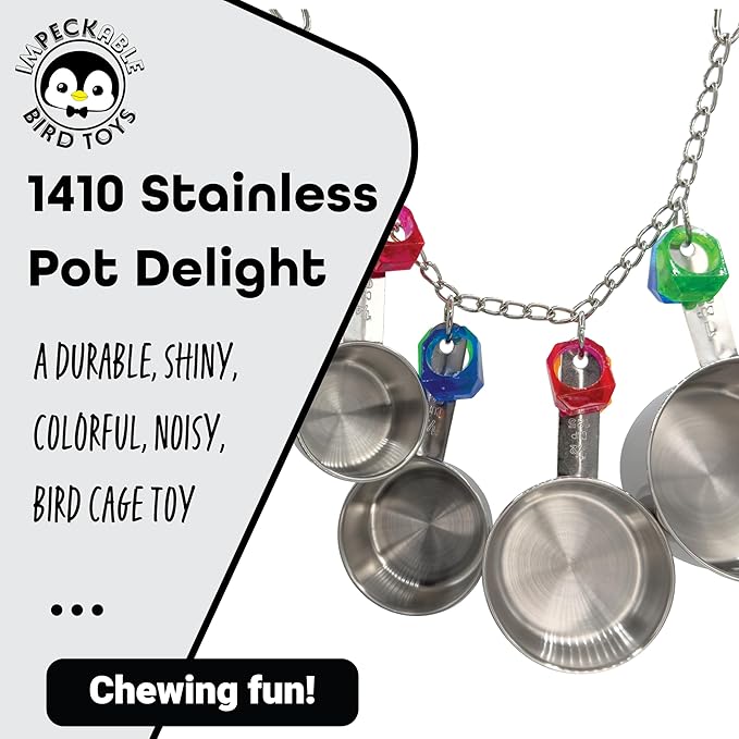 1410 Stainless Pot Delight from Parrots Cockatiels Conures Budgies Macaws Lovebirds African Greys Parrot Toys Stainless Foraging Chew Treat Noise-Making Fun Sensory Enrichment.-PurrikoPets