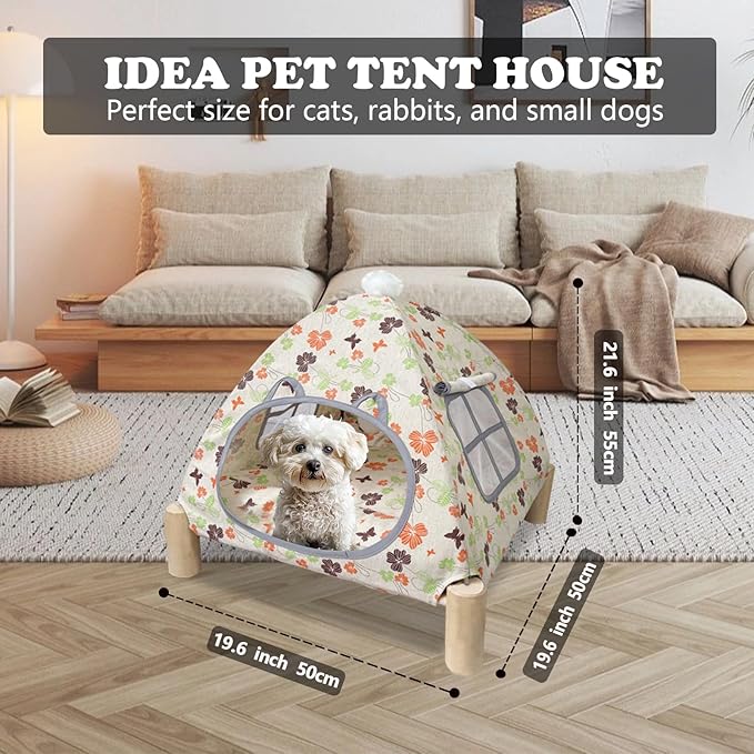 2-in-1 Elevated Cat Tent Cat House, Quick Assembly and Disassembly, Portable Indoor/Outdoor Cute Cat Bed Cave-Butterfly and Flower-PurrikoPets