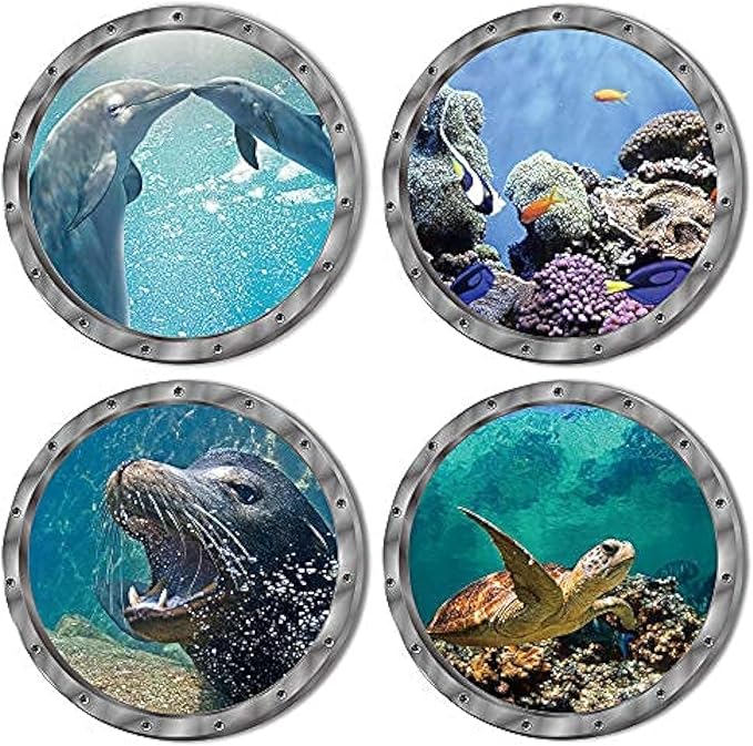 4 PCS Removable 3D Under The Sea Nature Scenery Wall Decals - Animals Wall Sticker Home Wall Art Decor for Bathroom Bedroom Door Kids Baby Nursery Room - Includes Turtles, Dolphins, Sea Lions, Coral-PurrikoPets