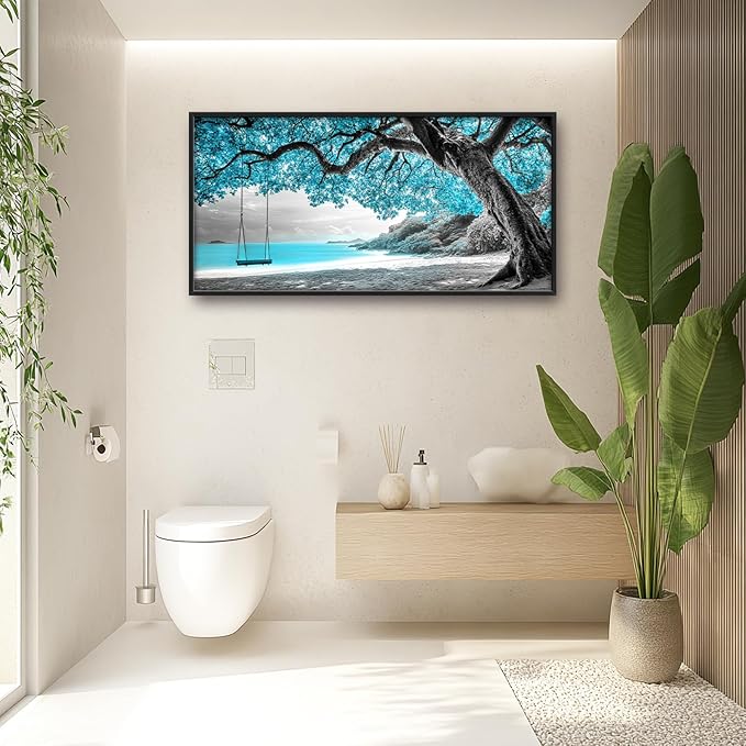 Extra Large Framed Abstract Tree Wall Art,Black and White Tree of Life Wall Decor,Blue Teal Sea Pictures for Living Room,Canvas Print Painting Modern Artwork Bedroom Office Bathroom 60L x 30W-PurrikoPets