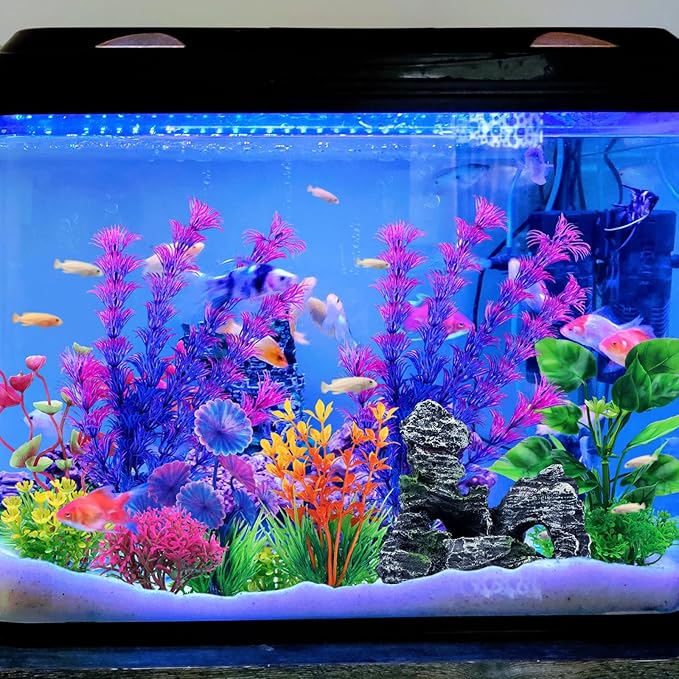Fish Tank Accessories Aquarium Decorations Plants, 9pcs Colorful Fish Tank Artificial Plants and Cave Rock Decor Set, Aquarium Decor Plastic Plants-PurrikoPets