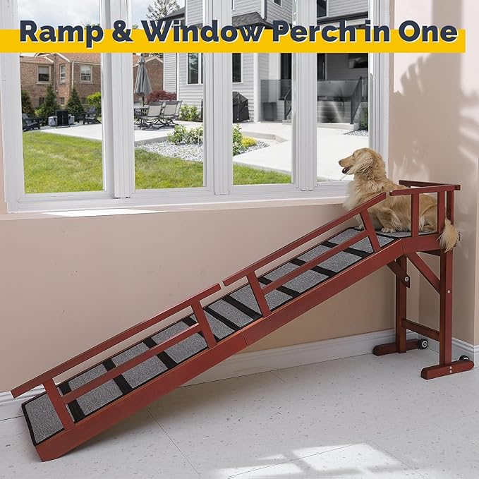 Dog Ramp for Bed or Couch, Wooden Pet Ramp with 20° Gentle Slope, Removable Side Rails, Non-Slip Surface, Top Platform & Wheels, Safe Bed Ramp for Small, Medium & Senior Dogs, 74" Long, Mahogany-PurrikoPets