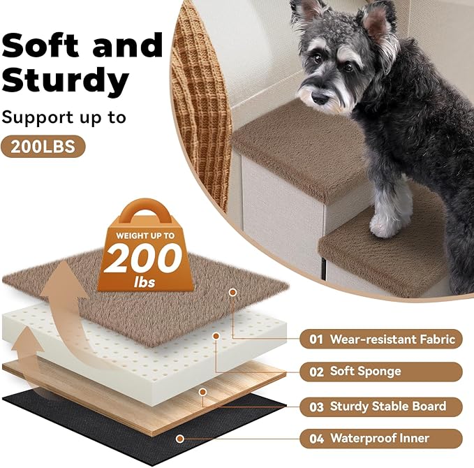 Dog Stairs with Furry Lids 18" H, 3-Step Wider Dog Steps with Storage for Small/Medium/Large Old Dogs Cats, Folding Sturdy Pet Stairs Climbing Bed Couch, Ramp for Car Up to 200 lbs, Khaki-PurrikoPets