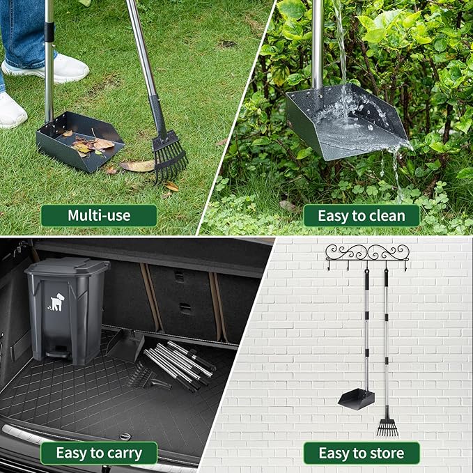 Dog Pooper Scooper, Dog Poop Trash Can Set with Removable Inner Bucket, Long Handle Rake, 150 Waste Bags, Easy Pick Up Poop Scooper, 20L Dog Poop Trash Bin for Small/Large Dog Families-PurrikoPets