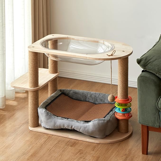 2 Tier Cat Tower,21.85 in cat Perch Wood cat condo with Hammock and Sisal Rope Scratcher Post Hanging Toy Balls for Indoor Large Cats Kittens (Grey)-PurrikoPets