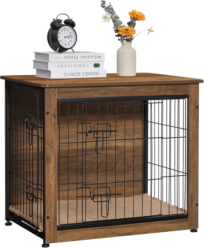 DWANTON Dog Crate Furniture with Cushion, Wooden Kennel Table with Double Doors, Indoor Dog House, Small/Medium/Large Size, 27.2" L, Warm Brown-PurrikoPets