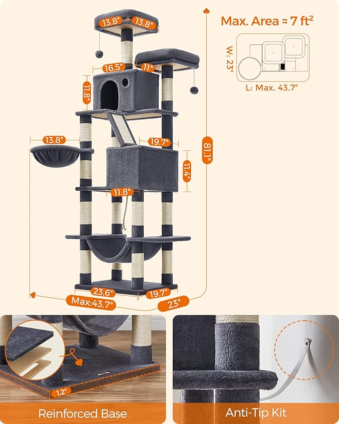 Feandrea Cat Tree, 81.1-Inch Large Cat Tower with 13 Scratching Posts, 2 Perches, 2 Caves, Basket, Hammock, Pompoms, Multi-Level Plush Cat Condo for Indoor Cats, Smoky Gray UPCT190G01-PurrikoPets