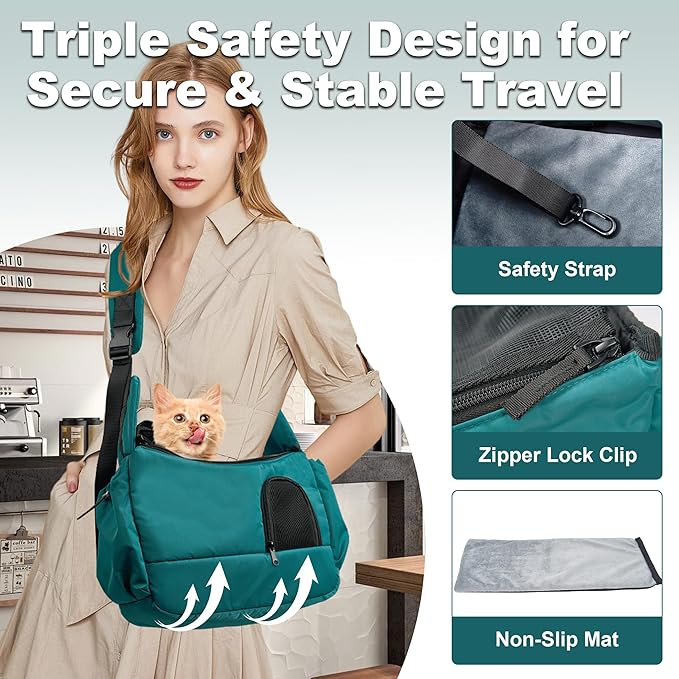 Dog Sling Carrier for Small Pets, Hands-Free Cat Carrier Pouch up to 8.8 lb, Cat Sling with Safety Strap and Pockets, Ideal for Travel and Daily Use, Peacock Blue-PurrikoPets