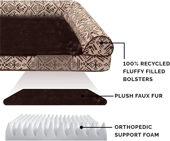 Furhaven Orthopedic Dog Bed for Large Dogs w/ Removable Bolsters & Washable Cover, For Dogs Up to 95 lbs - Plush & Southwest Kilim Woven Decor Sofa - Desert Brown, Jumbo/XL-PurrikoPets