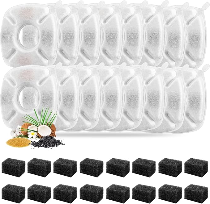 32 Pcs Cat Fountain Replacement Filters 16 Pack Cat Water Fountain Replacement Filters with 16 Pack Pre-Filter Sponges, Pet Fountain Filter Fit for 95oz/2.8L Automatic Pet Fountain Cat Water Fountain-PurrikoPets