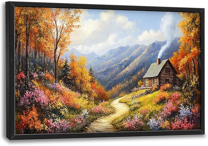 Framed Large Autumn Mountain Wall Art for Living Room, Oversized Wildflower Tree Wall Decor Nature Landscape Canvas Painting Modern Artwork Home Decoration for Living Room Bedroom 36"x24"-PurrikoPets