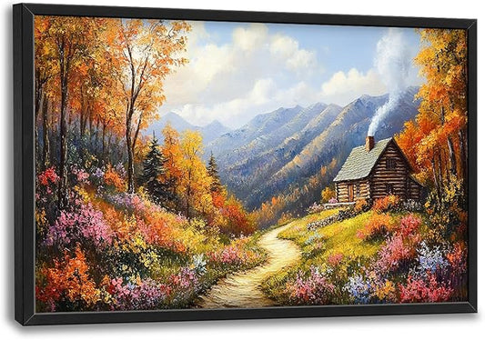 Framed Large Autumn Mountain Wall Art for Living Room, Oversized Wildflower Tree Wall Decor Nature Landscape Canvas Painting Modern Artwork Home Decoration for Living Room Bedroom 36"x24"-PurrikoPets