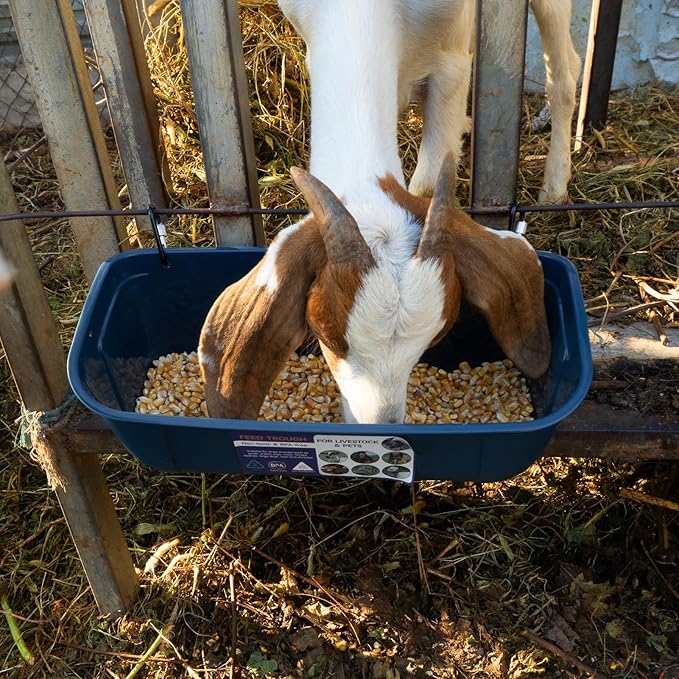 Goovilla Large Feed Trough, Hanging or Screw-in Fence Feeder with Clips, 2 Pack 9 Quart Goat Feeder Supplies, Dog Horse Hog Pig Livestock Poultry Plastic Feeder Trough Bucket for Large Animal, Blue-PurrikoPets