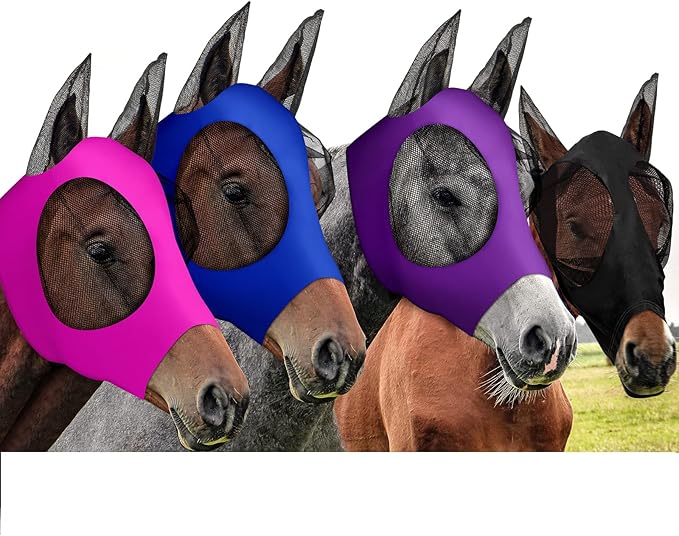 Frienda 4 Pcs Horse Fly Masks with Ears Head Fly Masks for Horses Smooth Elastic UV Protection Cover from Summer Insect Pests(Medium,Purple, Blue, Pink, Black)-PurrikoPets