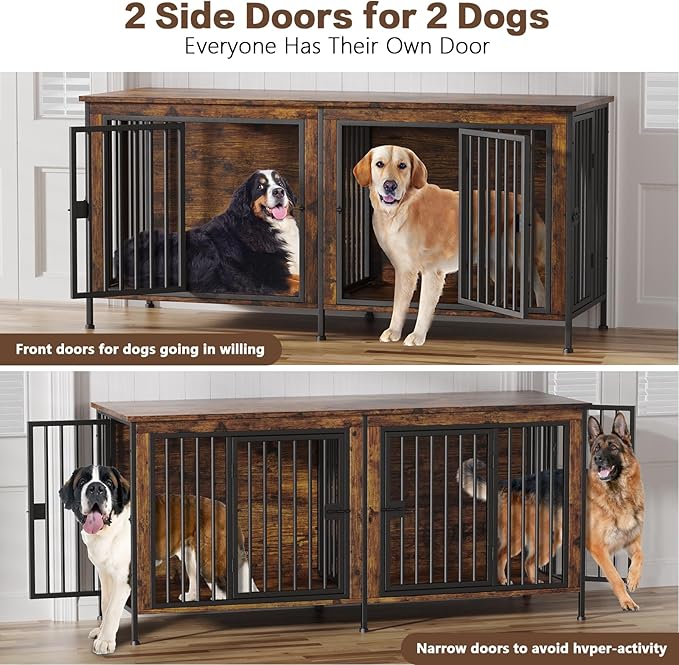 EasyCom 78 Inch Dog Crate Furniture for 2 Dogs, Extra Large Double Dog Cage Large Breed, XXL Thick Wooden Dog Crate TV Stand, Sturdy Dog Kennel with Divider-PurrikoPets