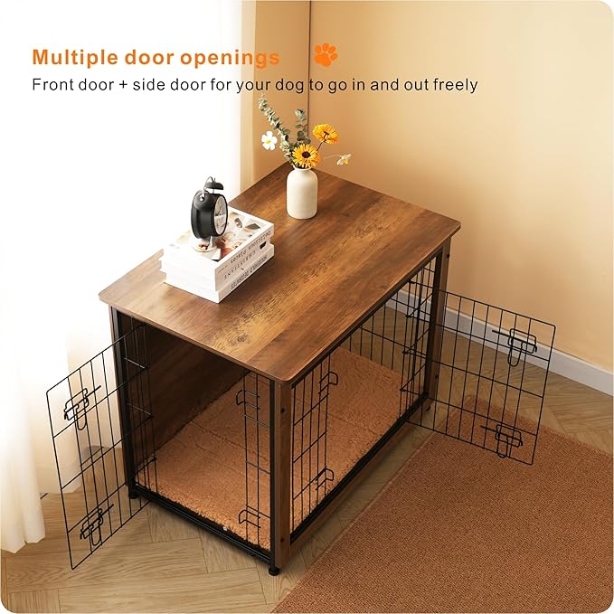 DWANTON Dog Crate Furniture with Cushion, Wooden Kennel Table with Double Doors, Indoor Dog House, Medium Size, 32.5" L, Warm Brown-PurrikoPets