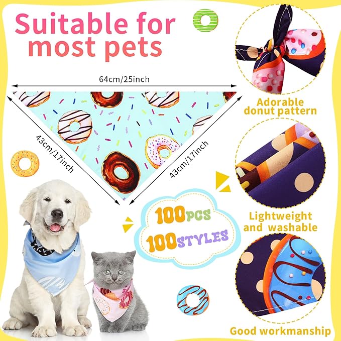100 Pcs Dog Bandanas Bulk Pet Bibs Colorful Triangle Scarf Pet Bandanas for Medium Large Dogs Spring Summer Birthday Costume Decoration (Donut)-PurrikoPets