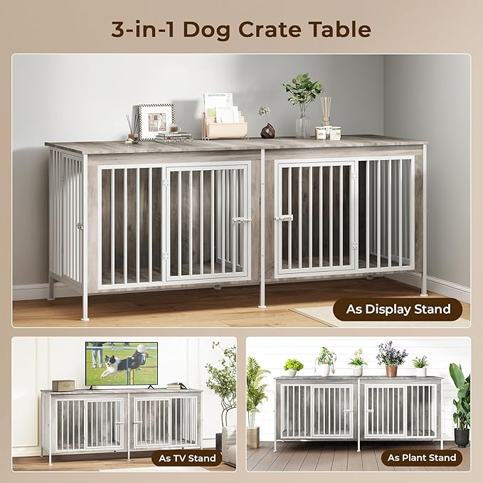63 Inch Dog Cage Furniture for 2 Large/Medium Dogs with Removable Divider, Extra Large Double Doors Dog Kennel, XXL Thick Wooden Dog cage Furniture, Durable and Sturdy, Beige-PurrikoPets