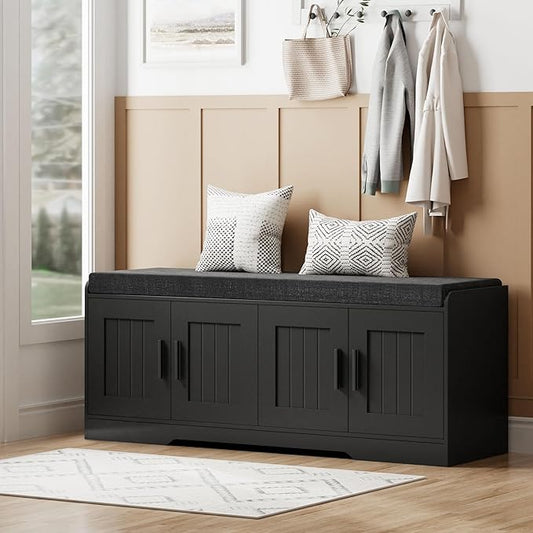 2-Tier Storage Bench, Shoe Bench with Thickened Padded Seat Cushion, Entryway Bench with 4 Doors, Adjustable Shelf, 13.8" D x 45.3" W x 18.5" H, for Entryway, Living Room, Bedroom, Black-PurrikoPets