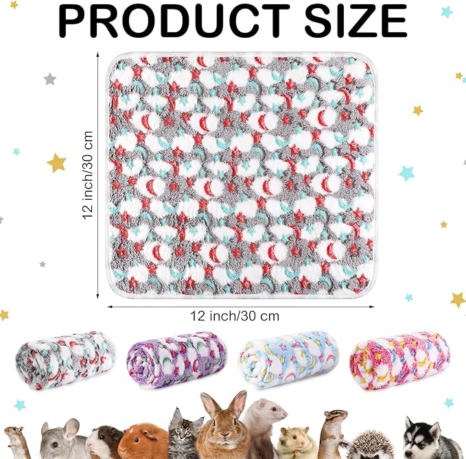4 Pcs Waterproof Guinea Pig Blankets Washable Small Animal Fleece Bedding Absorbent Guinea Pig Cage Liners Reusable Pet Pee Pad Sleep Mat Pad Cover for Hamster Ferret (Moon Star Pattern,12 x 12 Inch)-PurrikoPets
