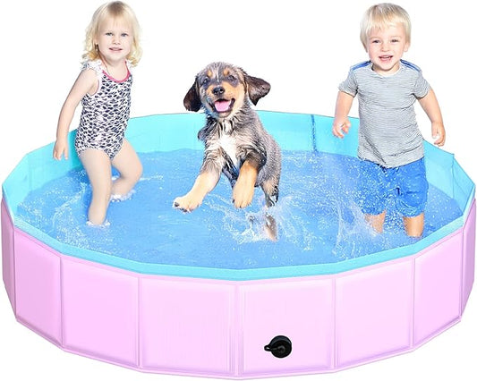 2025 Updated Foldable Dog Pool, 55" x 12" Kiddie Pool with Hard Plastic, Non-Slip Dog Bath Tub for Outdoor Backyard, Collapsible Dog Swimming Pool for Kids Dogs Pets (Pink)-PurrikoPets