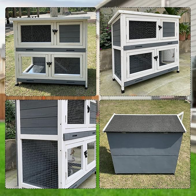 2 Story Solid Wood Rabbit/Bunny Hutch with 2 Large Main Rooms, Indoor Outdoor Rabbit House Guinea Pig Cage Pet House for Small Animals with Ventilation Door Removable Tray Waterproof Roof (Grey)-PurrikoPets