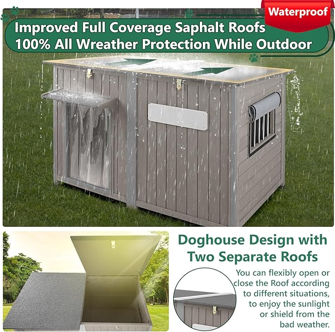 55" Extra Large Outdoor Dog House Weatherproof Wooden Doghouse Indoor for Large Breed Dogs with Anti Bite Frames with Window,10 Elevated Feet, Reinforced Bottom for Pet Up to 220LBS-PurrikoPets