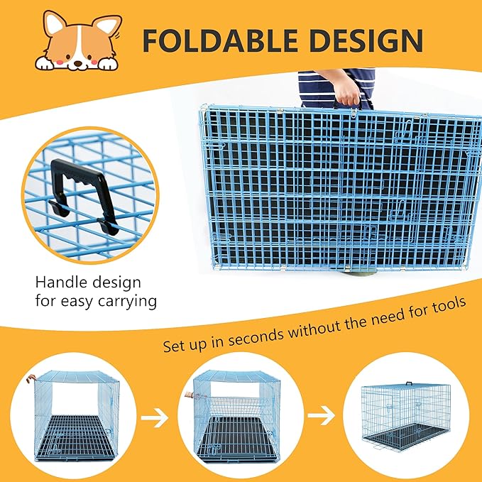 FDW Dog Crate for Medium Dogs 36 Inch Folding Metal WirePet Cage Double Door W/Divider Panel Indoor Outdoor Kennel Leak-Proof Plastic Tray,Blue-PurrikoPets