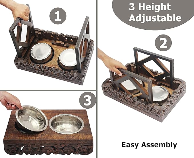 Elevated Pet Feeder for Dogs and Cats - The Bali Carved Wood Pet Feeding Stand with Two Stainless Steel Bowls - Three Heights Adjustable Raised Dog Bowl - Food Water Pet Feeding Station - IRONGATE-PurrikoPets