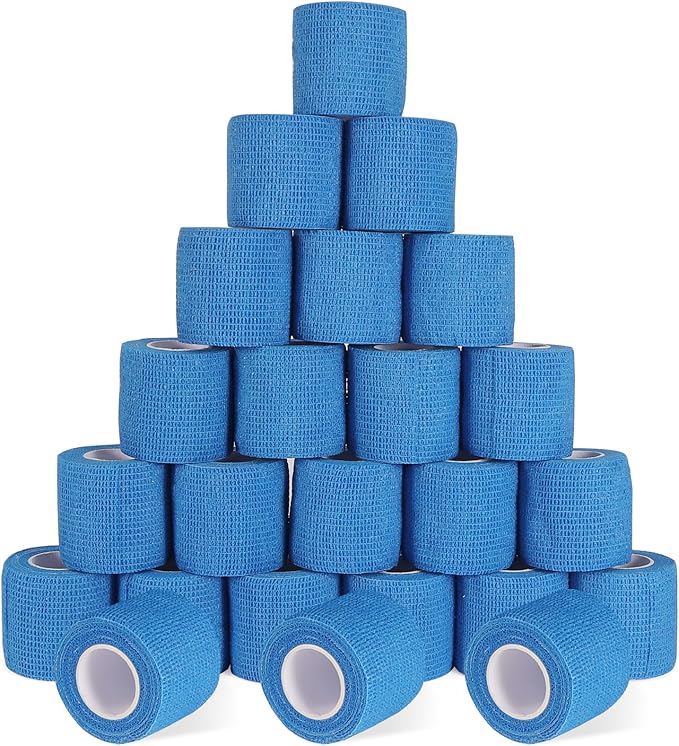 24 Pack Self Adherent Cohesive Wrap Bandages, 2” x 5 Yards Blue Athletic Tape, Medical Tape, Vet Wrap, Elastic Grip Tape for Sports Wrist Ankle Pet Ankle Swelling Sprains-PurrikoPets