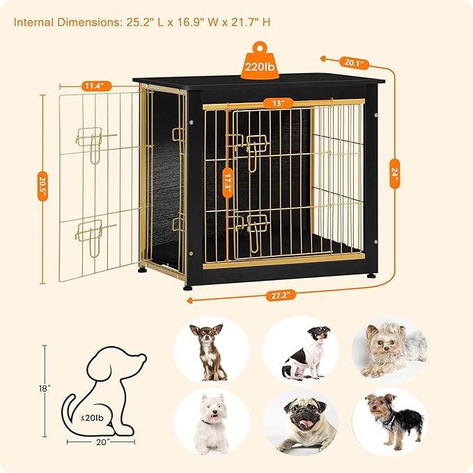 DWANTON Dog Crate Furniture with Cushion, Wooden Kennel Table with Double Doors, Indoor Dog House, Small/Medium/Large Size, 27.2" L, Black+Gold-PurrikoPets
