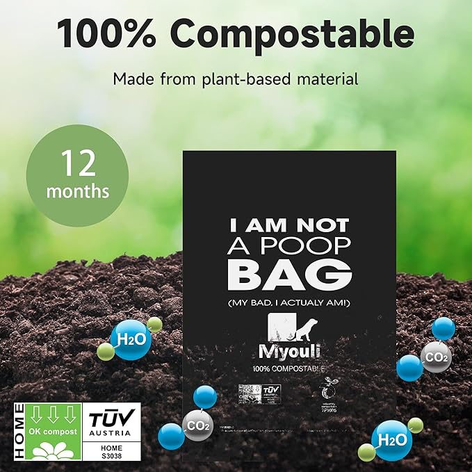 100% Certified Compostable Dog Poop Bag Rolls, 120 Bags (8 Rolls) Eco-Friendly Poop Bags for Dogs, Leak Proof Unscented Easy Open Poop Waste Bag（Black）-PurrikoPets