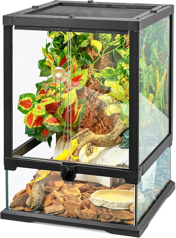 18x12x12 12 Gallon Glass Reptile Tank Front Opening Terrarium Suitable for Leopard Geckos, Snakes Tree Frogs Chameleons Watertight Base, Ventilated Metal Mesh Top, Pre-Drilled Cable Holes-PurrikoPets