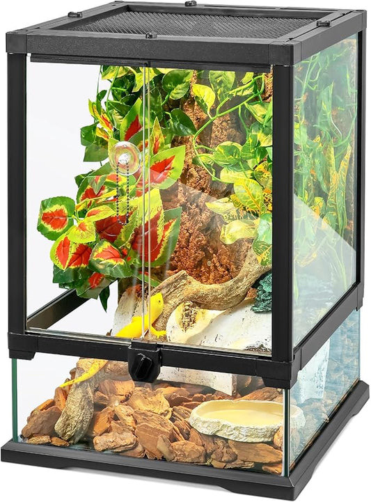 18x12x12 12 Gallon Glass Reptile Tank Front Opening Terrarium Suitable for Leopard Geckos, Snakes Tree Frogs Chameleons Watertight Base, Ventilated Metal Mesh Top, Pre-Drilled Cable Holes-PurrikoPets