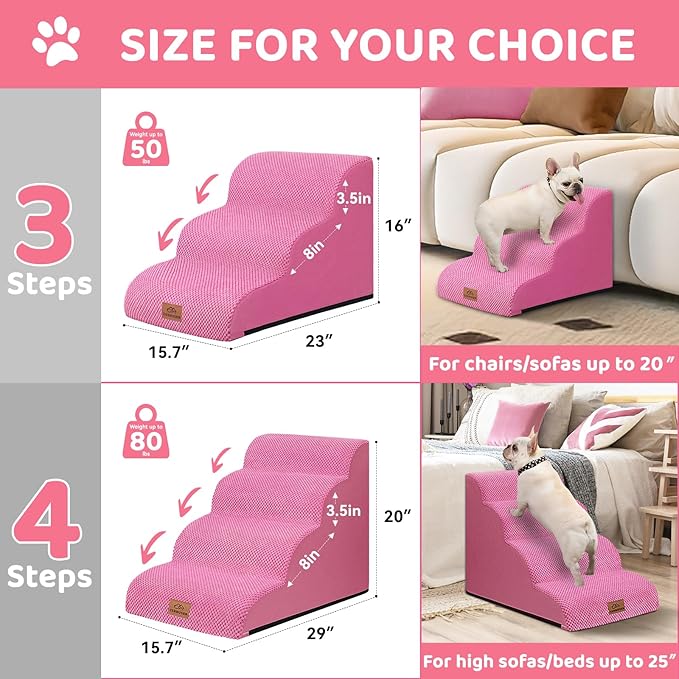 Dog Ramp and Stair for Bed 16" H-20 H,3-Step Cat Stair for Sofa and Chair,4-Step Dog Ramp for High Bed and Window,Durable Nonslip Fabric Cover for Indoor (Pink-16 H, Pet Friendly, 3)-PurrikoPets