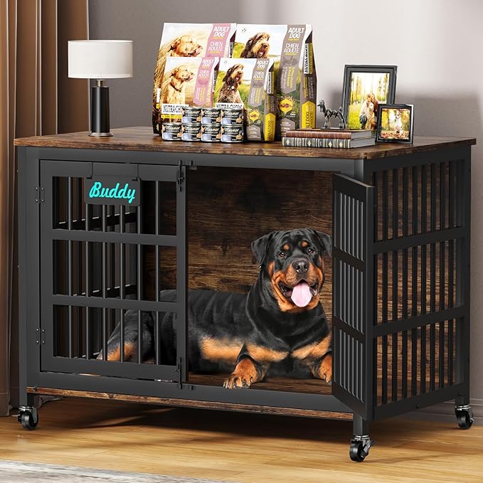 EasyCom 48"/42"/33" Dog Crate Furniture with Name Tag, Heavy Duty Dog Kennel Indoor for Large Dogs, Escape-Proof and Chew-Proof Dog Cage for high Anxiety Dog, Decorate House as TV Stand, End Table-PurrikoPets