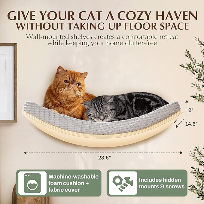 Extra Large 23.6”×14.6” CALLICO HAVEN- Stylish Cat Wall Shelves with Curved Design, Modern Wall-Mounted Cat Tree Hammock with Soft Cushion, Sturdy/Hidden Mounts, Washable Cover, Sleek Design -C Shape-PurrikoPets