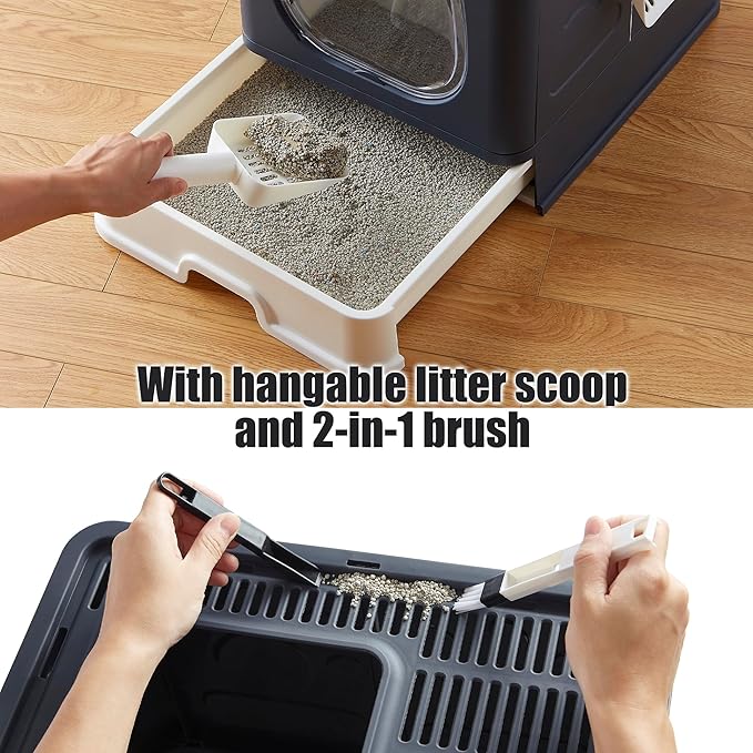 Gefryco Litter Box with Lid for Small to Medium Cats, Enclosed Cat Litter Box with Cover，High Sided Top Entry Cat Box with Brush and Scoop, Cute Kitty Litter Pan with Drawer for Growing Kitten(Black)-PurrikoPets