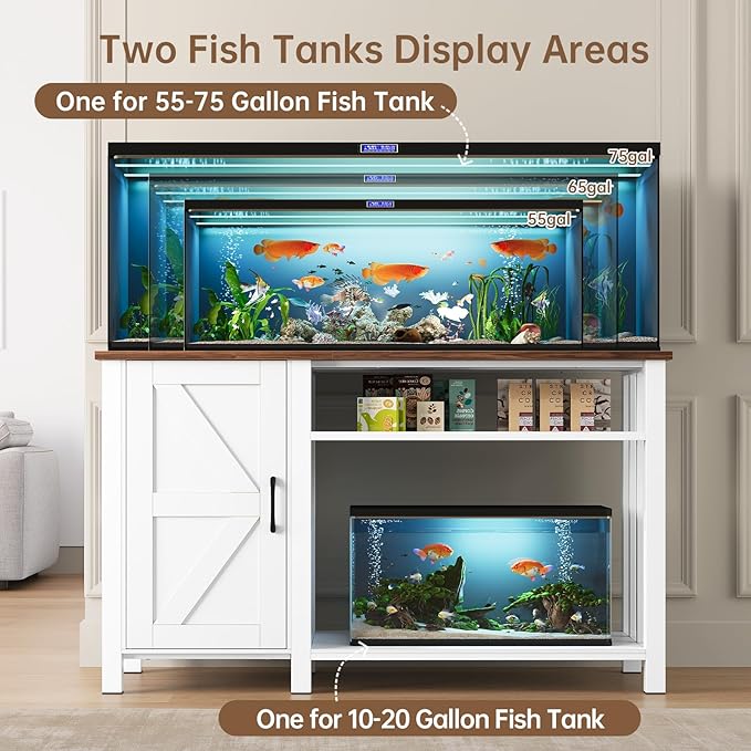 55-75 Gallon Aquarium Stand with Power Outlet, Heavy Duty Fish Tank Stand with Cabinet Storage & Adjustable Shelf, for Fish Tank, Turtle Tank, Reptile Terrarium, 1000LBS Capacity, White-PurrikoPets