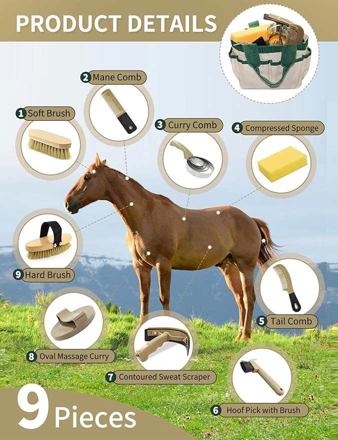 9 Pieces Horse Grooming Kit, Tack Room Supplies Set with Tote Bag, Horse Brush Set for Effective Cleaning and Bathing, Professional Equine Coat Care Kit for Horse Riders Beginner-PurrikoPets