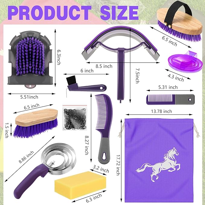 Abbylike 12 Pieces Horse Grooming Kit Racing Festival Tack Room Supplies Horse Brush Sets Equine Care Cleaning Kit Shedding Grooming Massaging Tools(Gray and Purple)-PurrikoPets